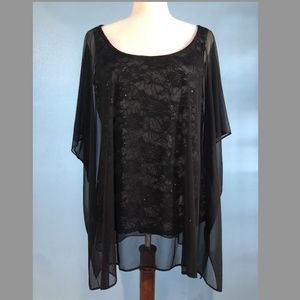 Elegant Black Sequins & Floral Blouse - Shimmers - Size Large - Helene Blake